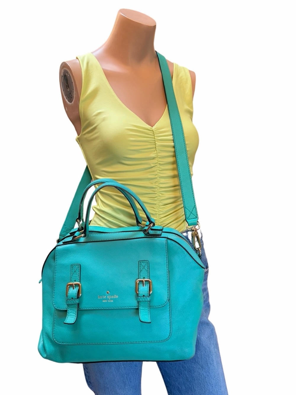 Kate Spade New York Aqua Turquoise Pebbled Leather Crossbody Satchel Bag EUC